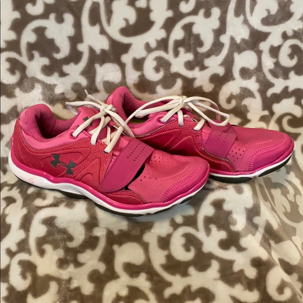 Pink Under Armour microG running shoes with Velcro